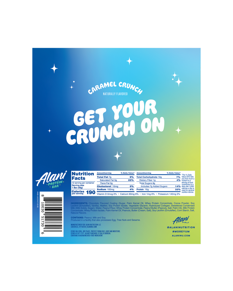 A nutrition facts label of Protein Bars in Caramel Crunch flavor.