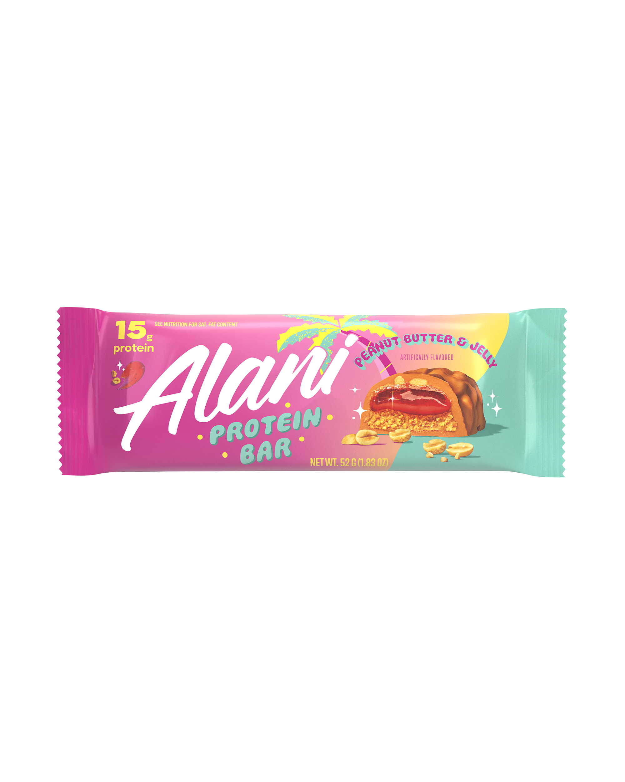 A horizontal  Protein Bar in Peanut Butter & Jelly flavor.