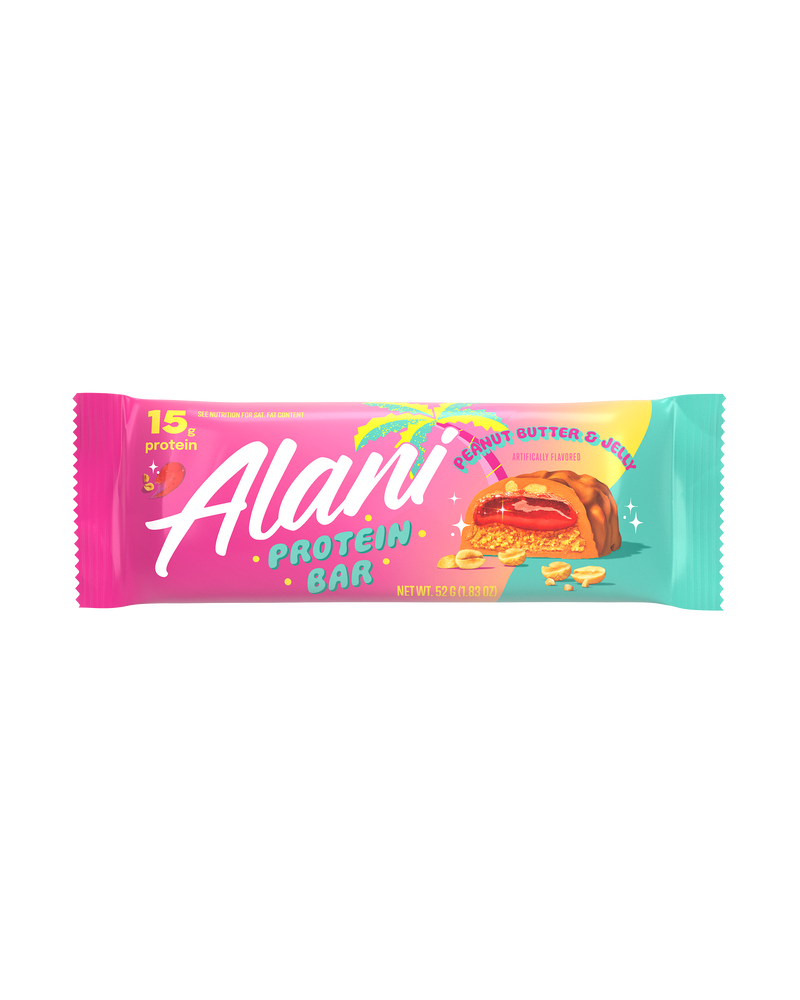 A horizontal  Protein Bar in Peanut Butter & Jelly flavor.