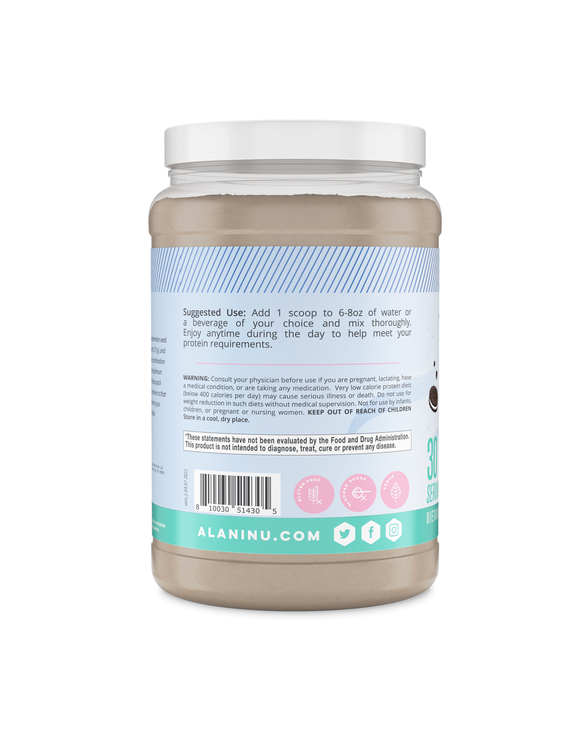 A side view of Plant Protein in Frosted Flurry flavor showcasing suggested use of product.