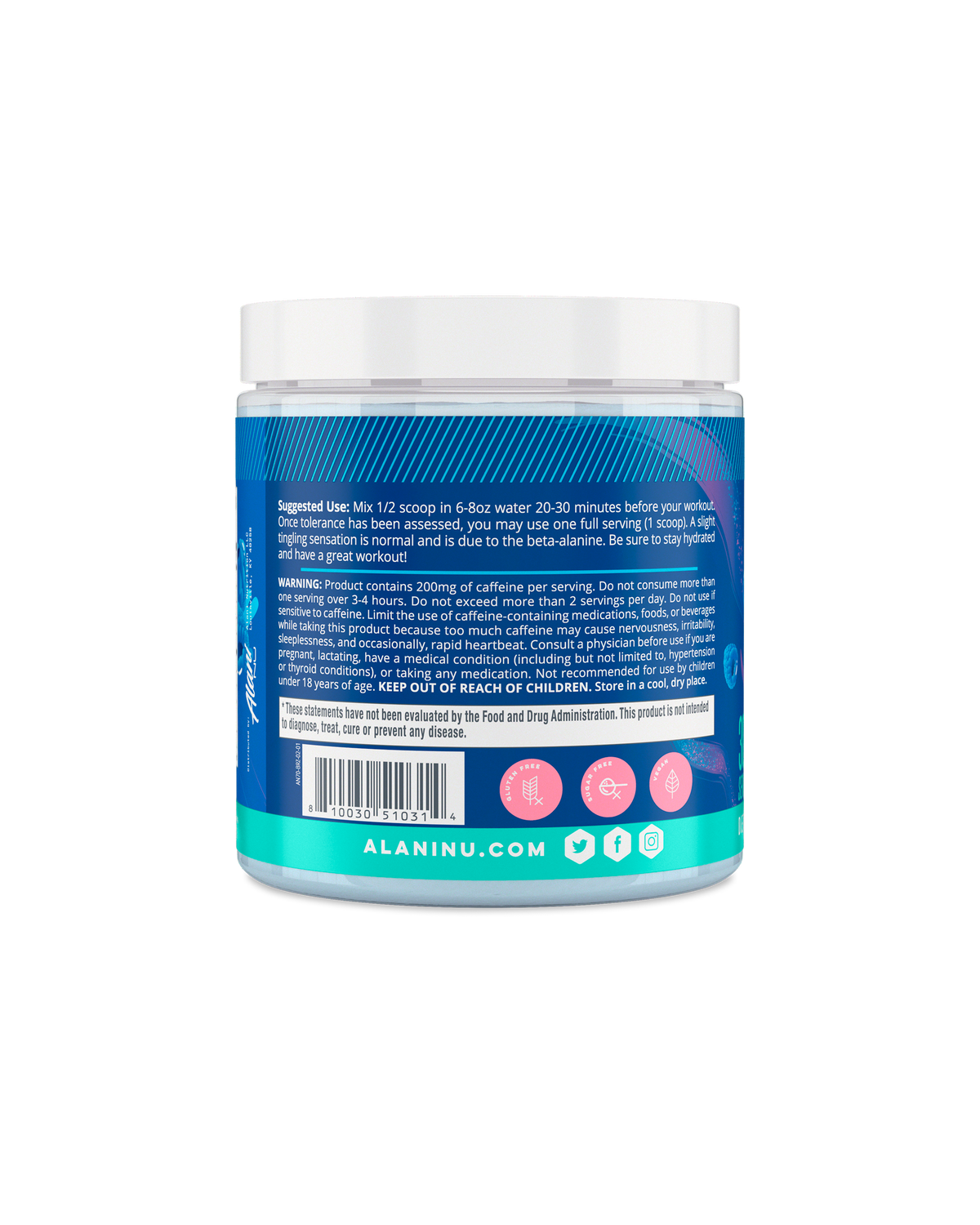 A side view of Pre-workout in Breezeberry flavor showcasing suggested use of product.