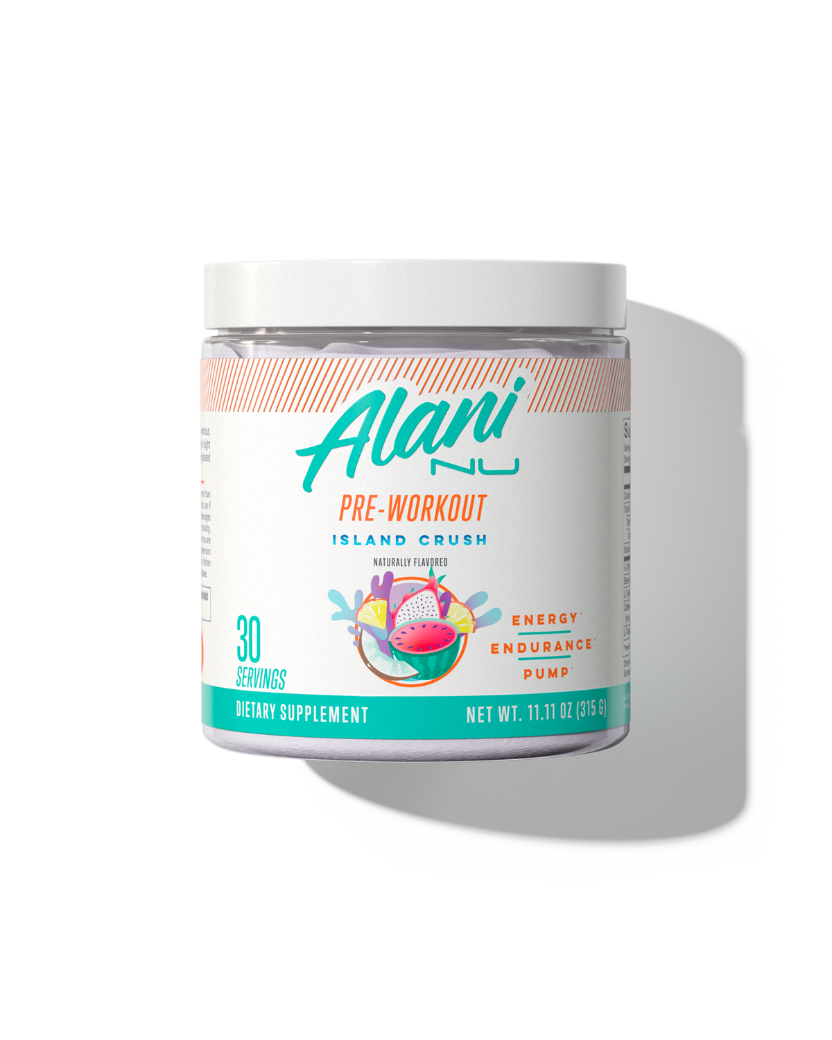 A 30 serving container Pre-workout in Island Crush flavor.
