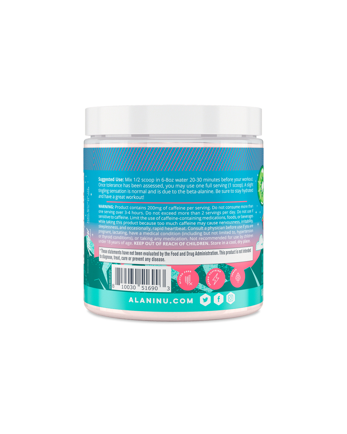 A side view of Pre-workout in Kiwi Guava flavor showcasing suggested use of product.