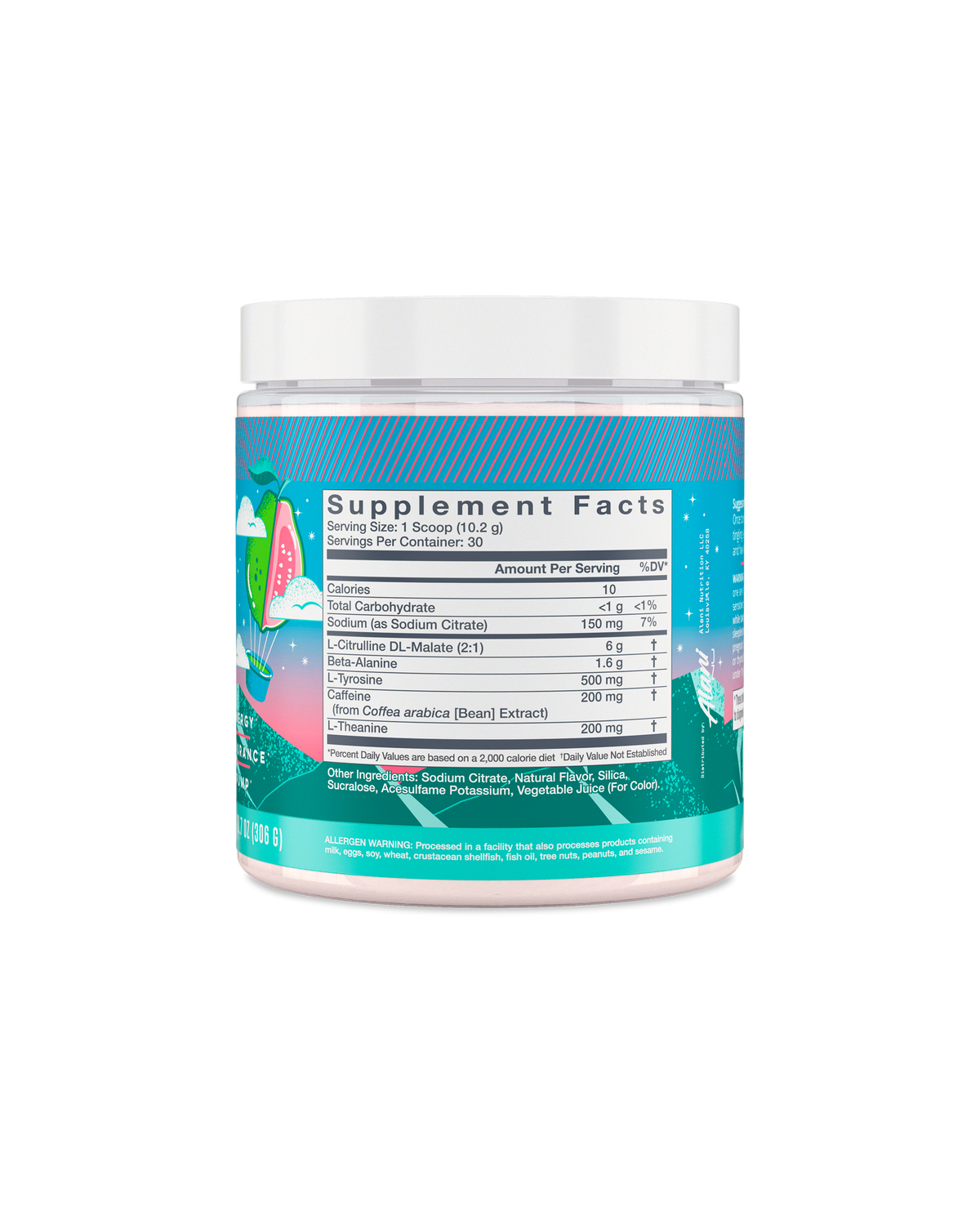 A back view of Pre-workout in Pre-workout in Kiwi Guava flavor highlighting supplement facts. 