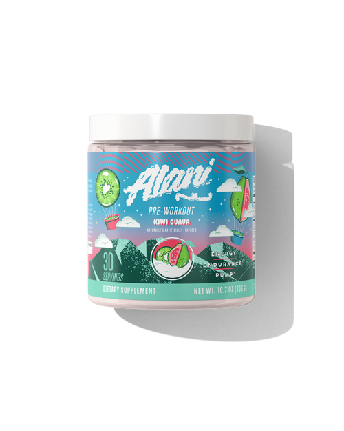 A 30 serving container of Pre-workout in Kiwi Guava flavor.