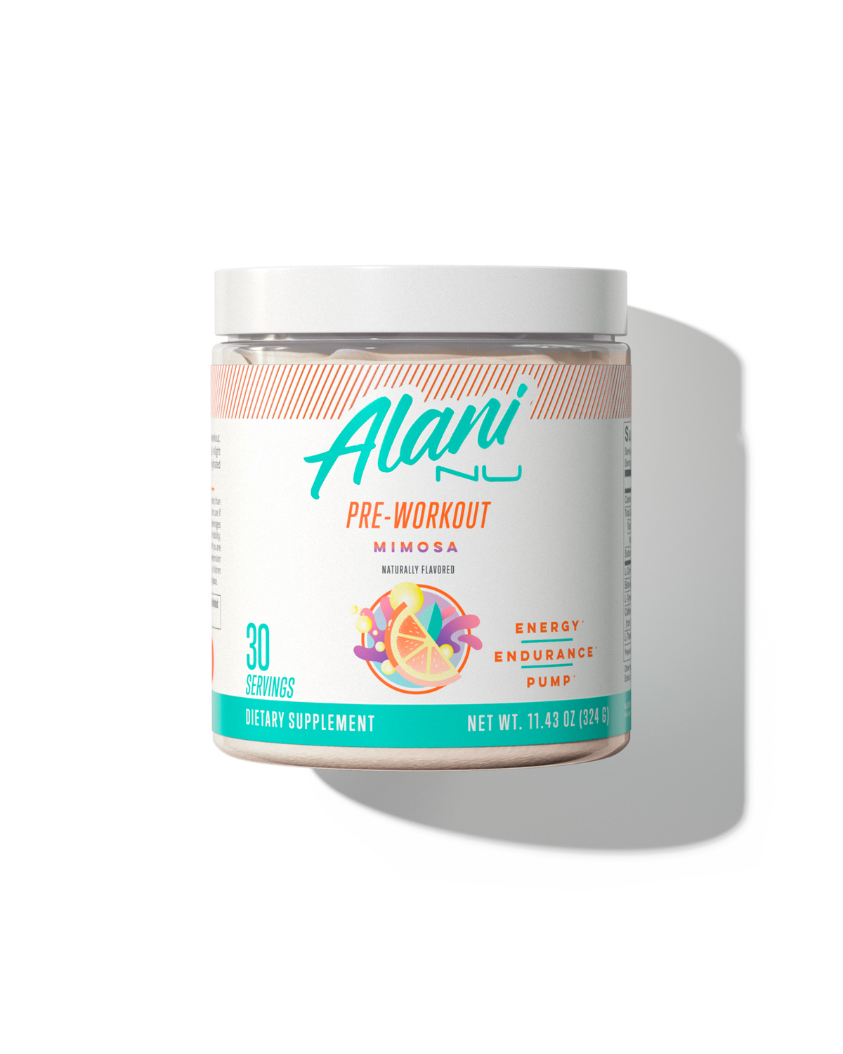Alani Nu Pre-Workout - Mimosa boosts energy, endurance, and pump benefits with amino acids for performance; 30 servings in an 11.43 oz (324 g) container.