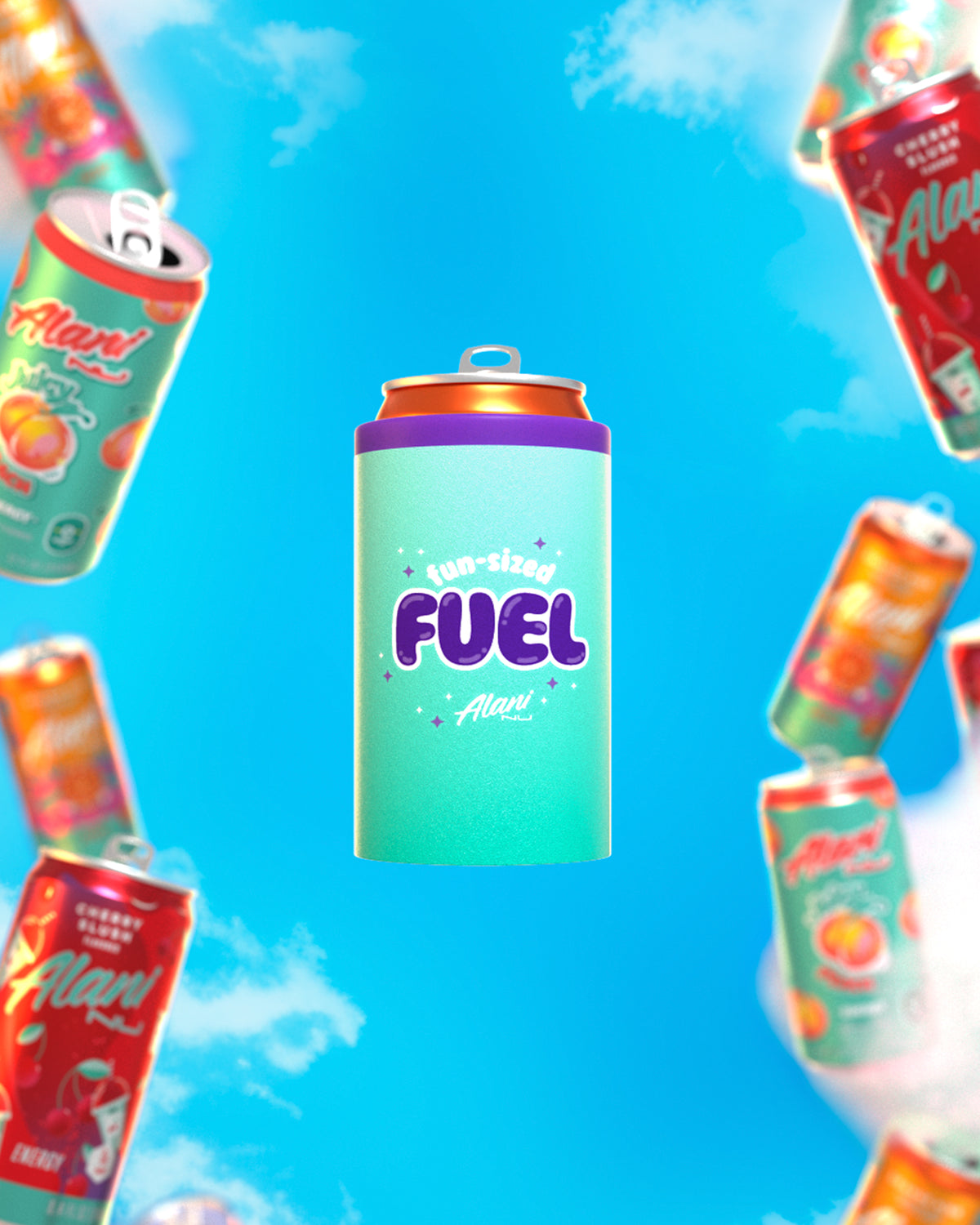 A mini slim can chiller named &#39;fun-sized fuel&#39;&#39; in colors blue and purple.