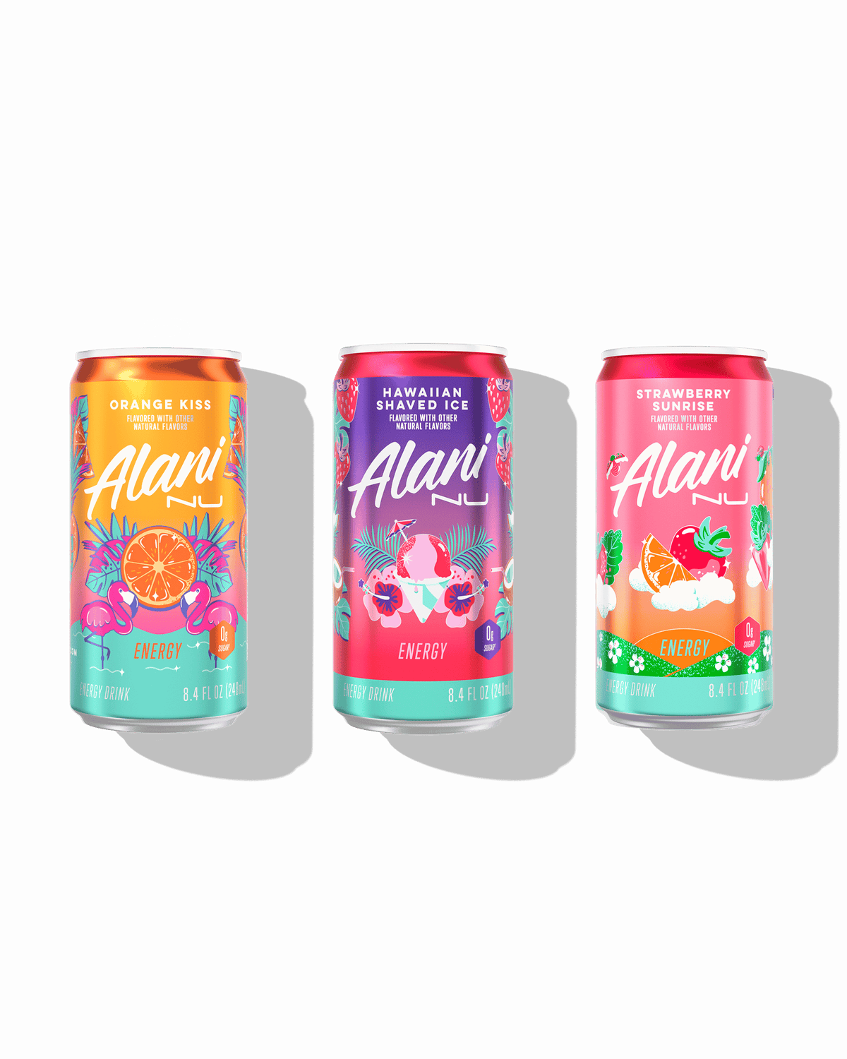 The front views of 3 sugar-free, 8.4oz Mini Alani Nu Energy Drinks: Hawaiian Shaved Ice, Orange Kiss, and Strawberry Sunrise, all flavored with other natural flavors. 
