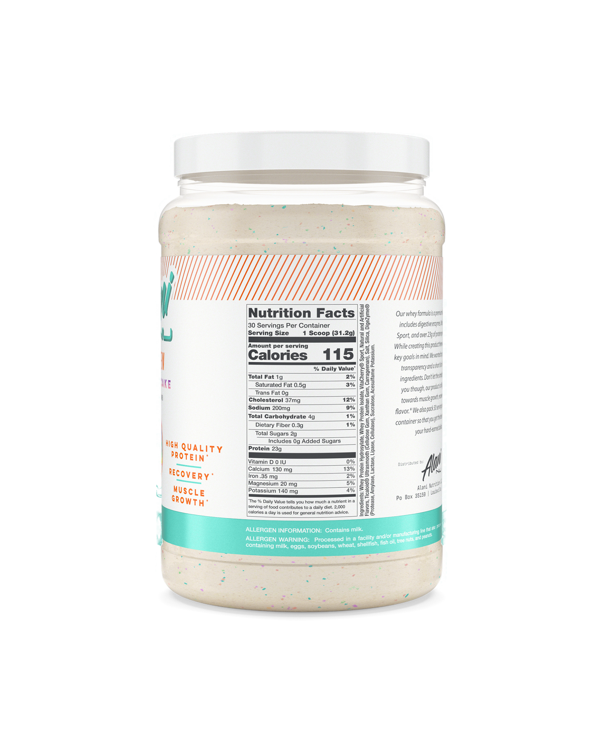 A back view of Whey Protein in Confetti Cake flavor highlighting nutrition facts.