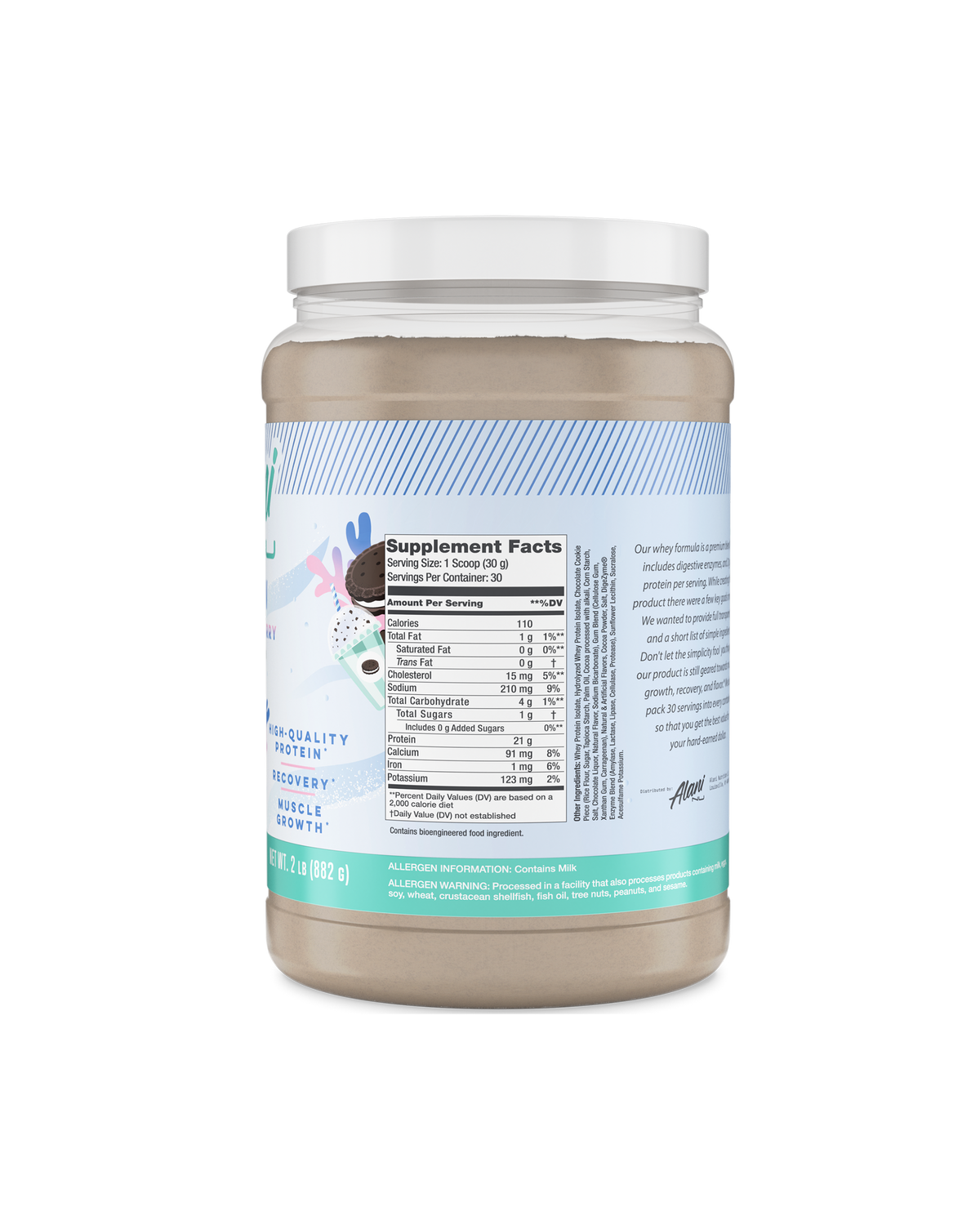 A back view of Whey Protein in Frosted Flurry flavor highlighting supplement facts.