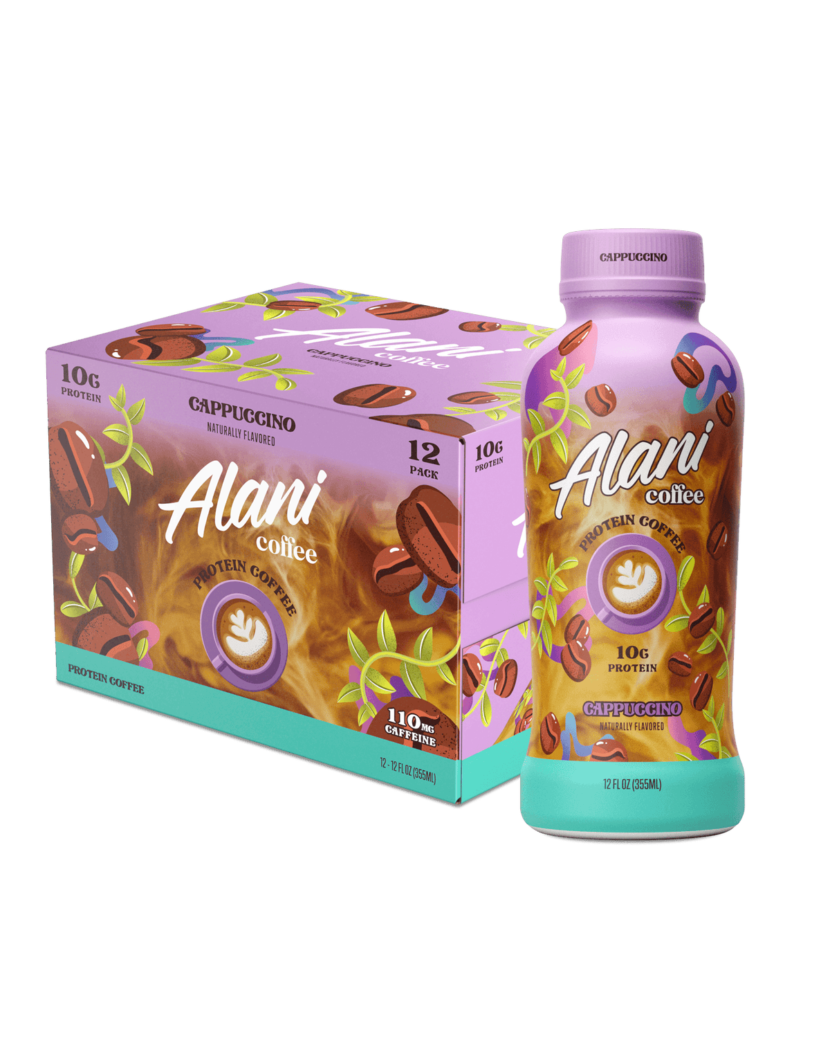 A bottle of Alani Nu Cappuccino coffee next to a 12pk box of Alani Nu Cappuccino Coffee.