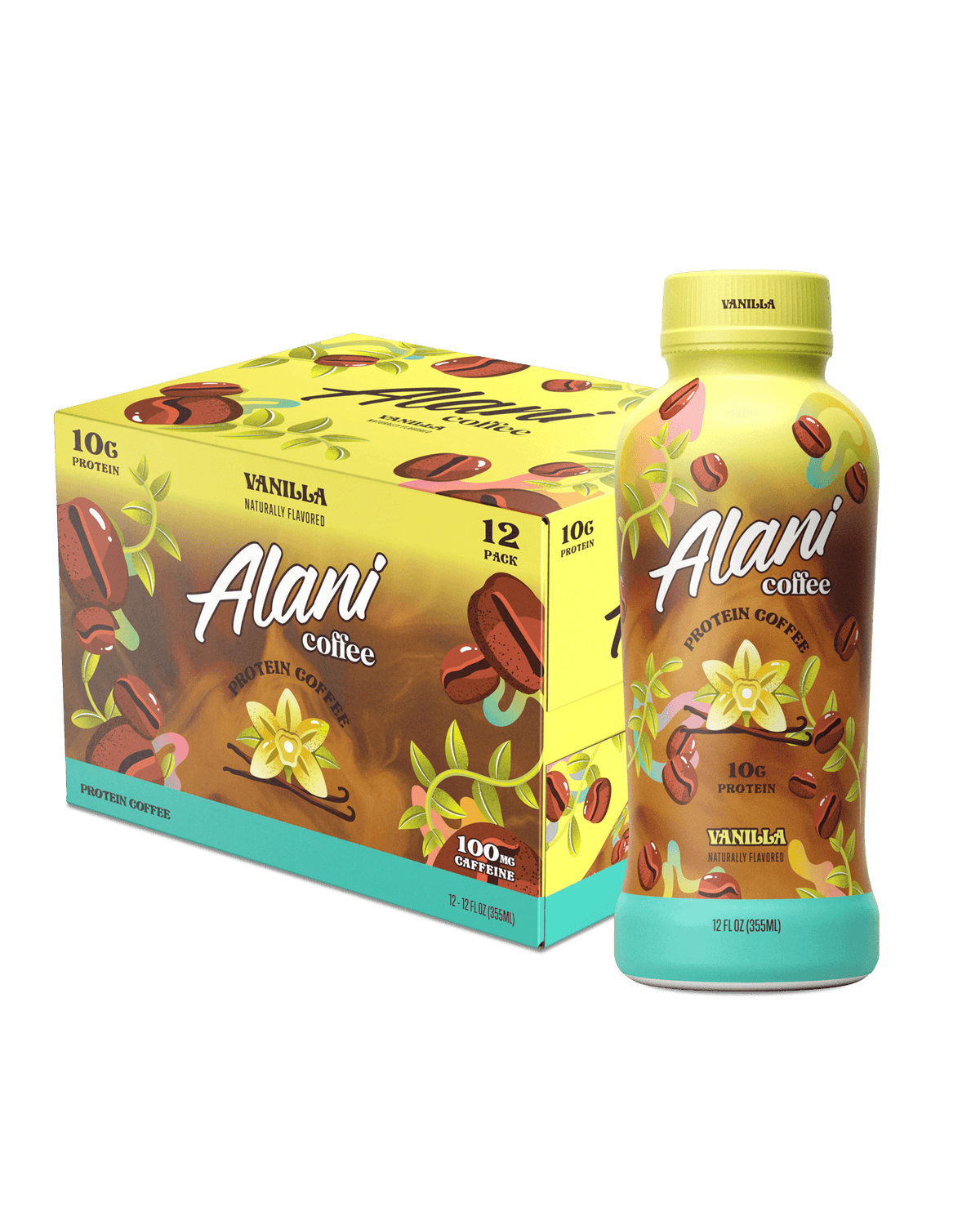 A bottle of Alani Nu Vanilla Coffee sitting next to a 12pk box of Alani Nu Vanila Coffee.