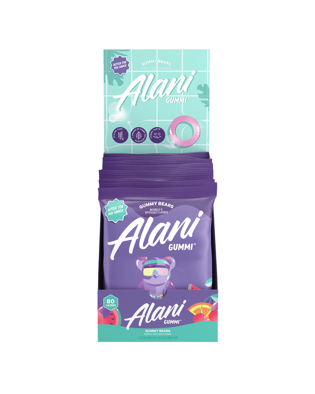 A package of Alani Nu Gummi - Gummy Bears on a 12pk carton display