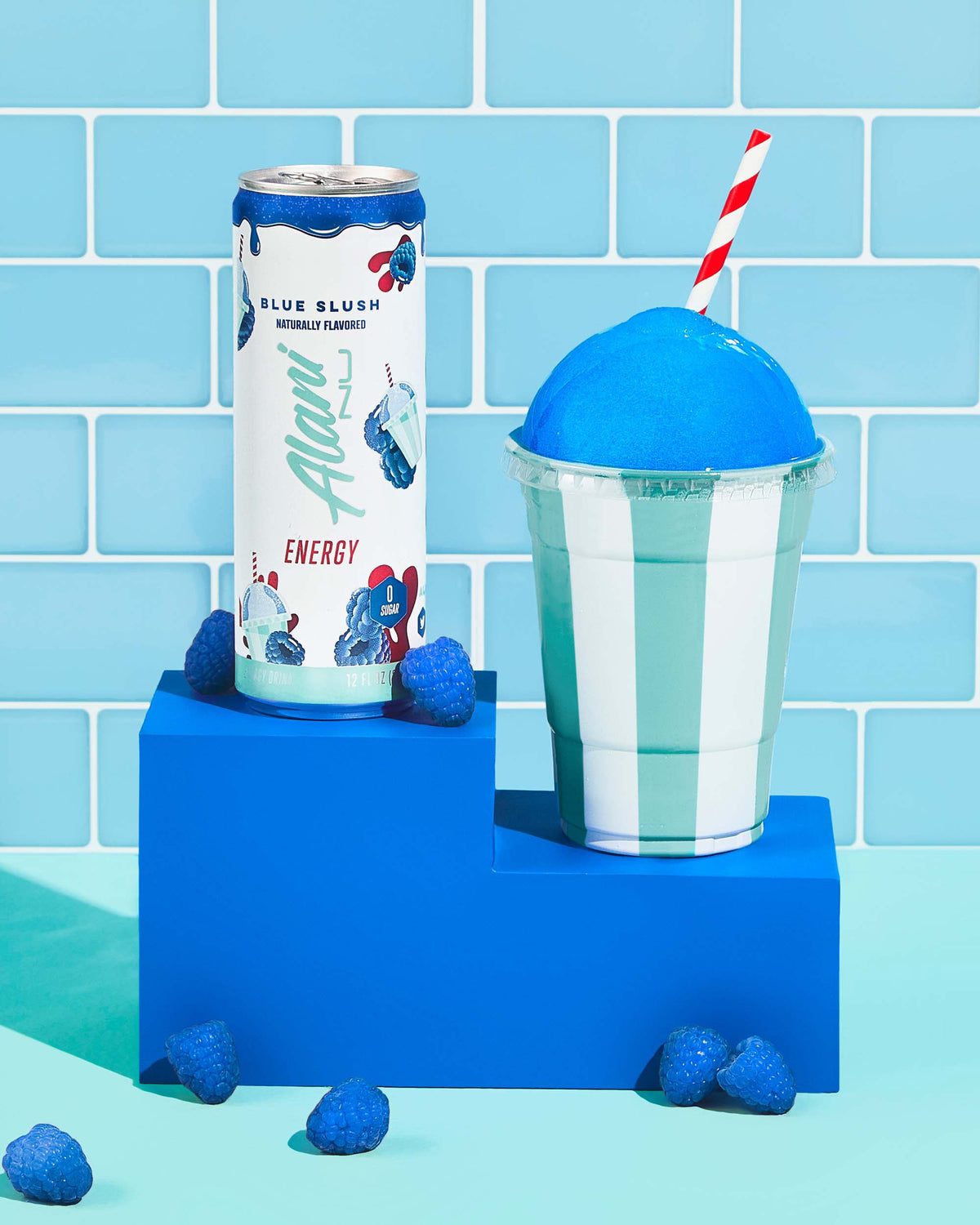 An Energy Drink - Blue Slush and a blue cup on a blue slushie.