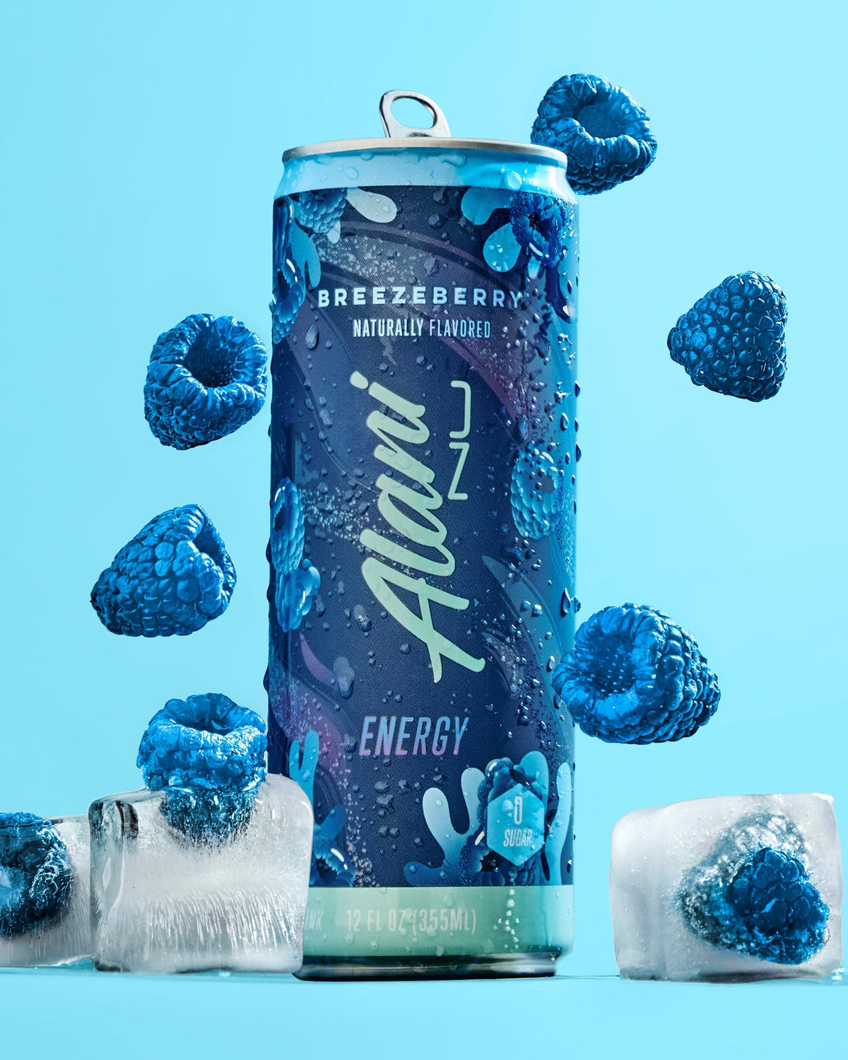 A 12 fl oz can of Breezeberry energy drink surrounded by ice cubes.