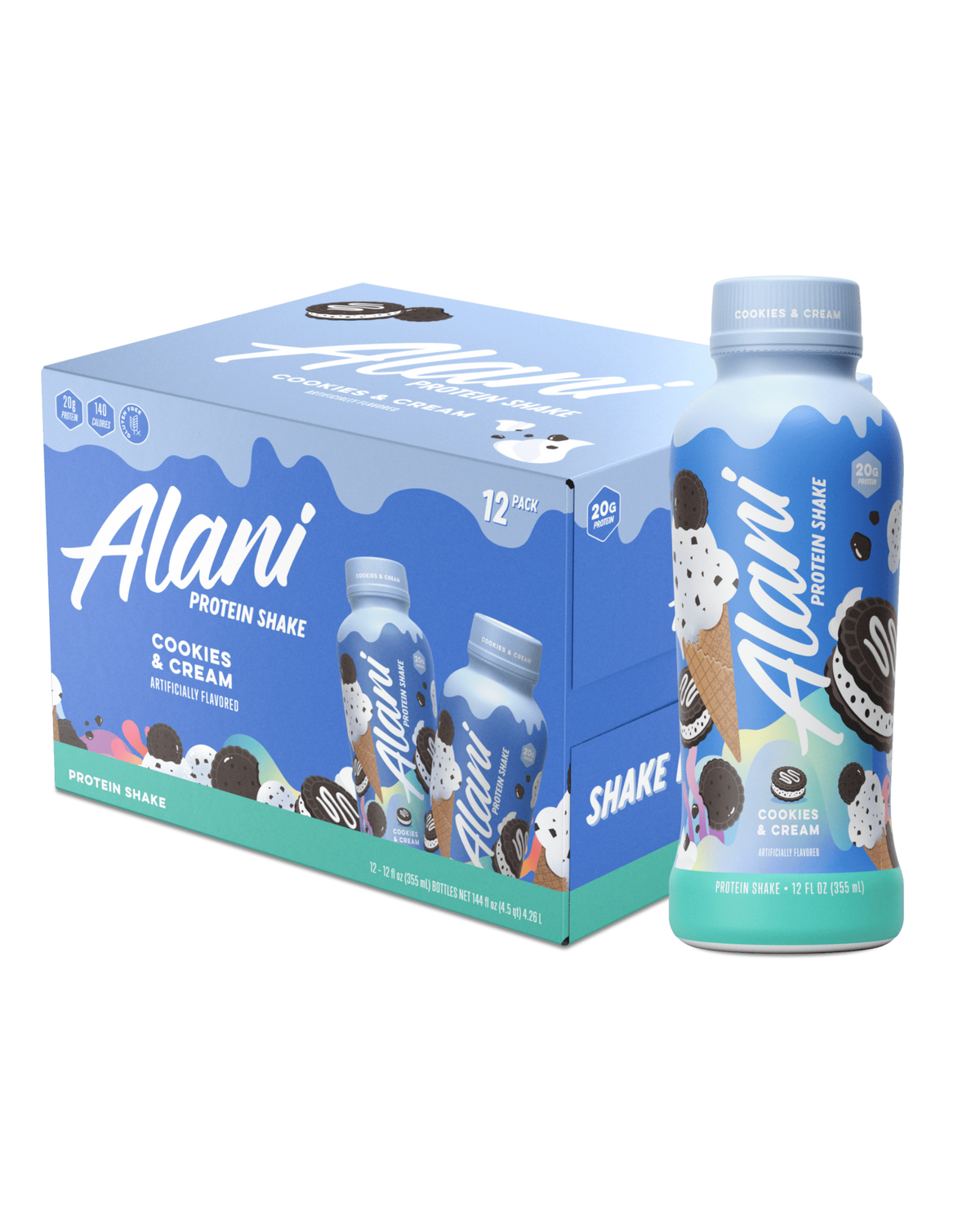 12 pack box of Alani Nu Protein Shake in Cookies &amp; Cream flavor.