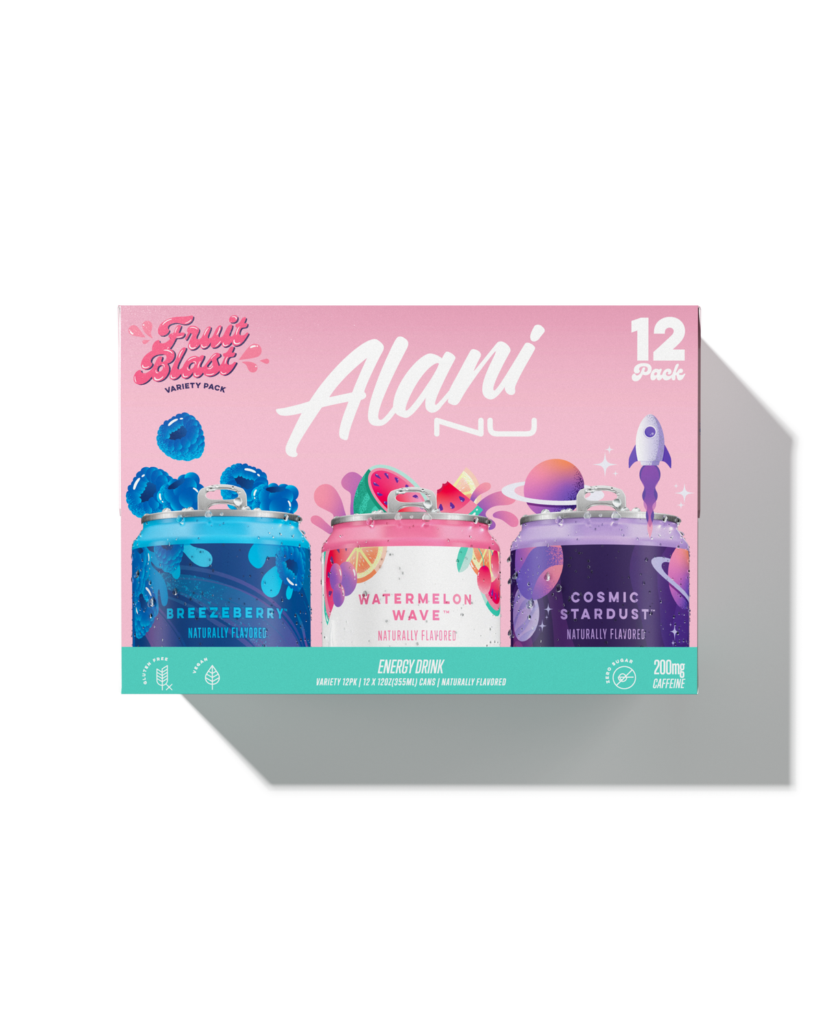 12 pack box of three cans of Alani Nu Energy Drink in Fruit Blast flavor.