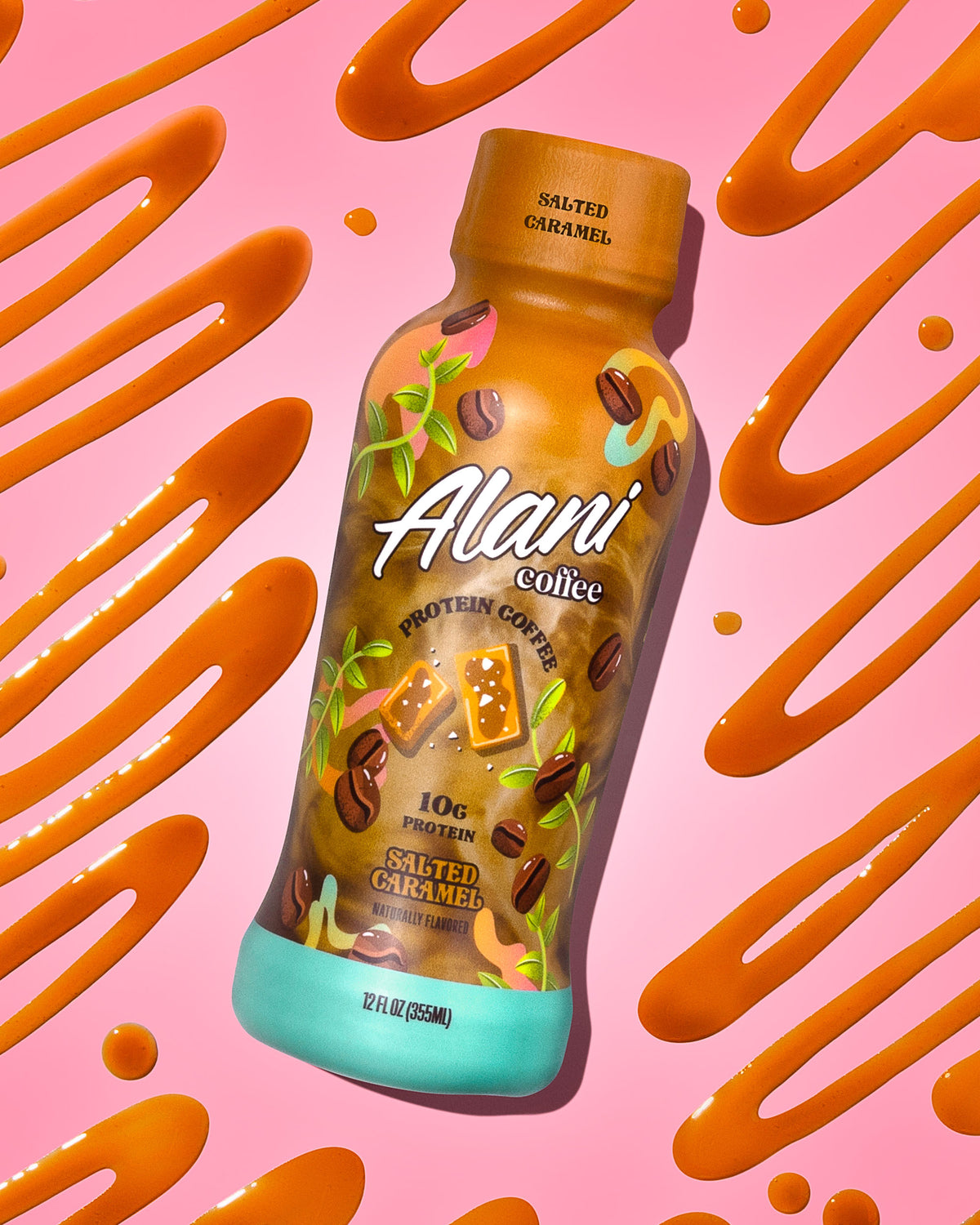 A bottle of Alani Nu Salted Caramel coffee with caramel drizzle.
