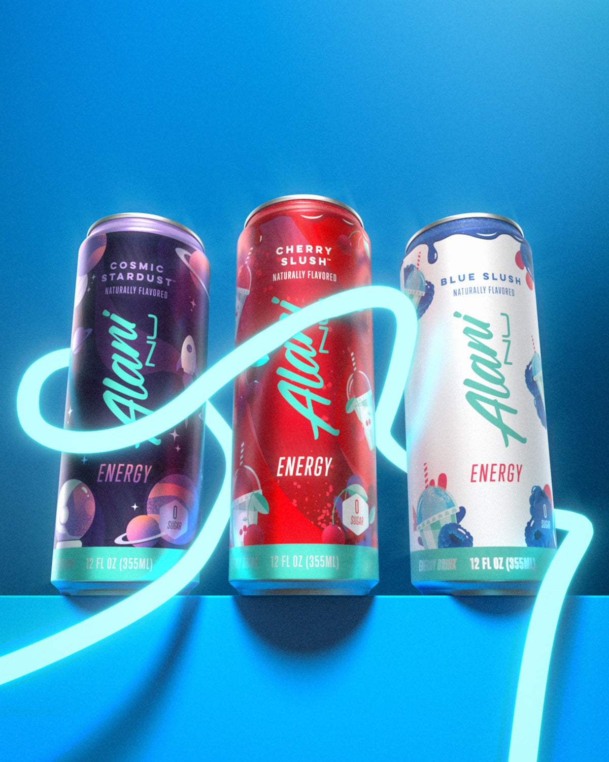 Energy drinks in Electric Energy flavors displayed along neon lights.