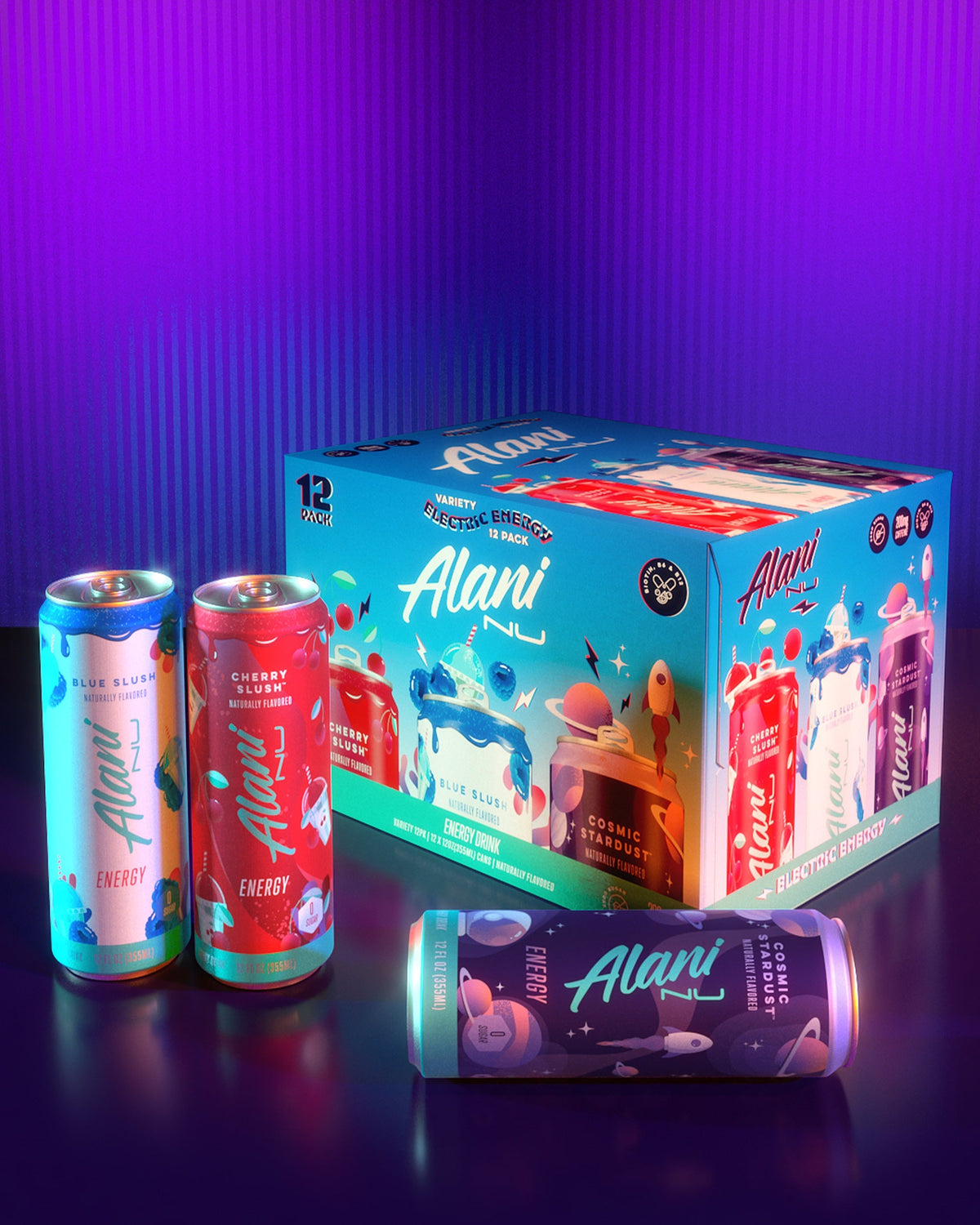 A group of three cans and a 12pk box of Alani Nu Electric Energy sitting on top of a table.