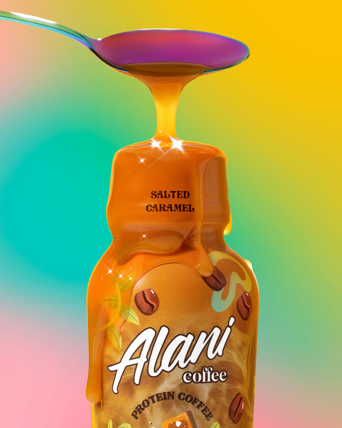 A bottle of Alani Nu Coffee - Salted Caramel with a spoon with caramel sticking out of it.