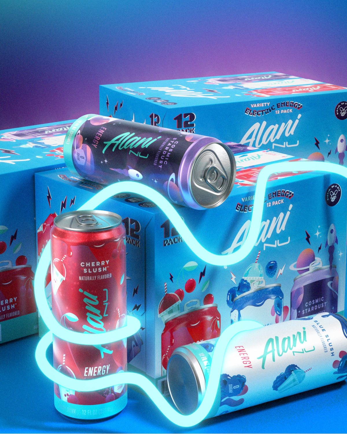 three cans of Alani Nu Electric Energy sitting next to each other by a 12pk box of Alani Nu Electric Energy.
