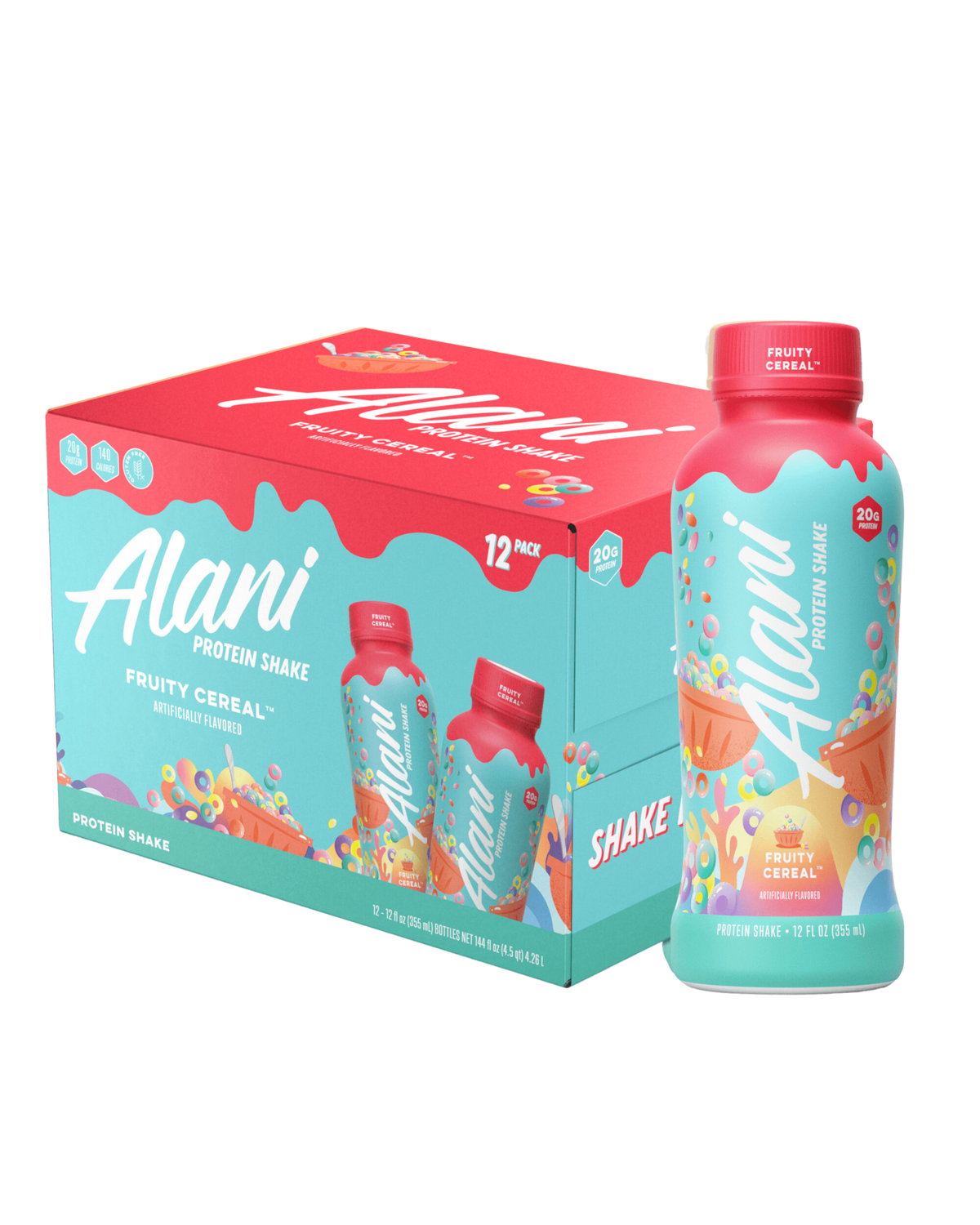 A 12pk box of Alani Nu Protein Shake - Fruity Cereal.