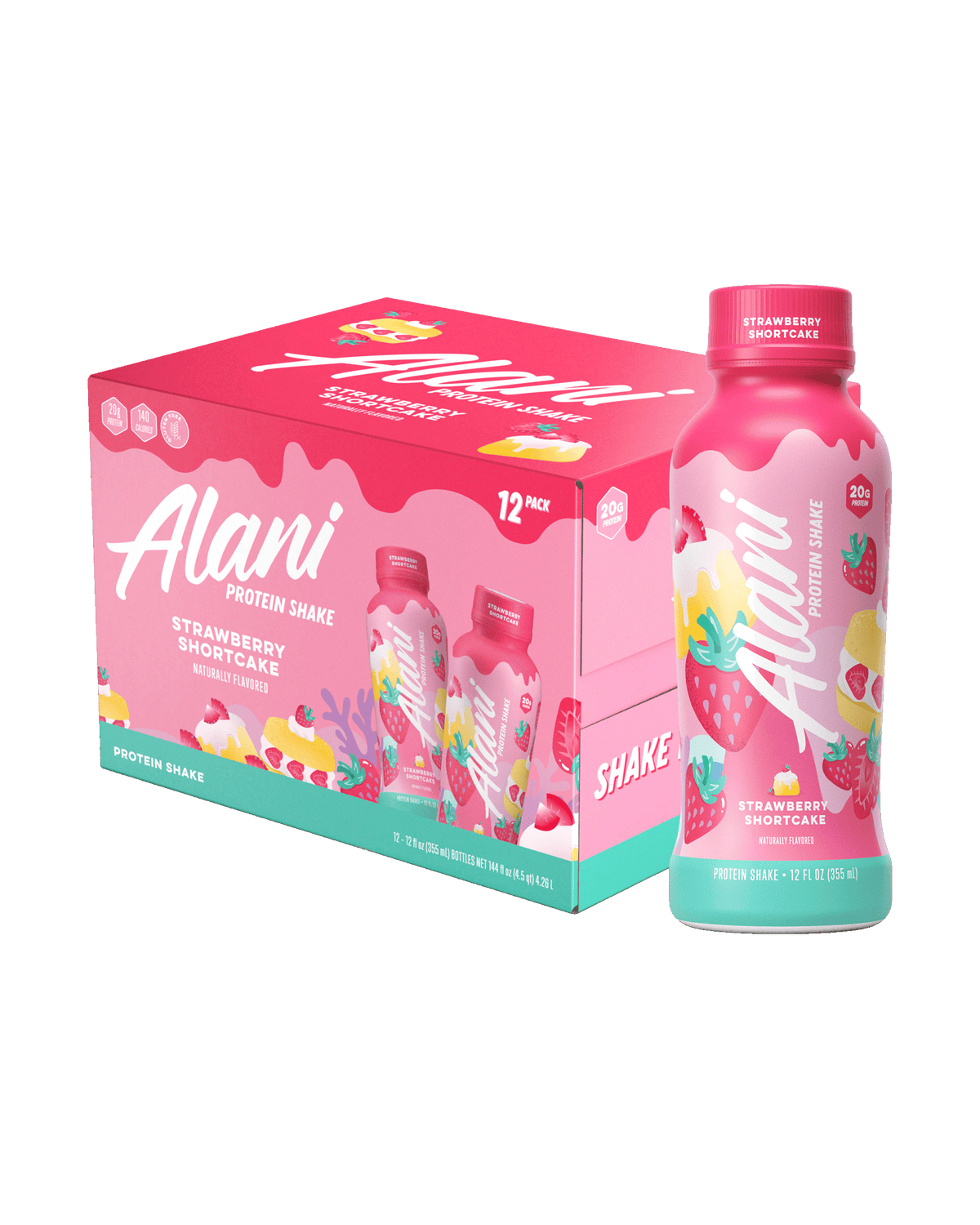 A bottle of Alani Nu Strawberry Shortcake Protein flavor Shake next to a 12pk box.
