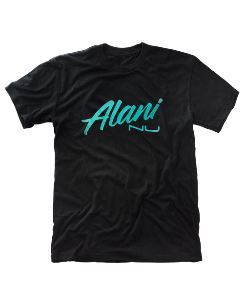 A Seafoam On Black T-Shirt with the brand name Alani Nu on it.