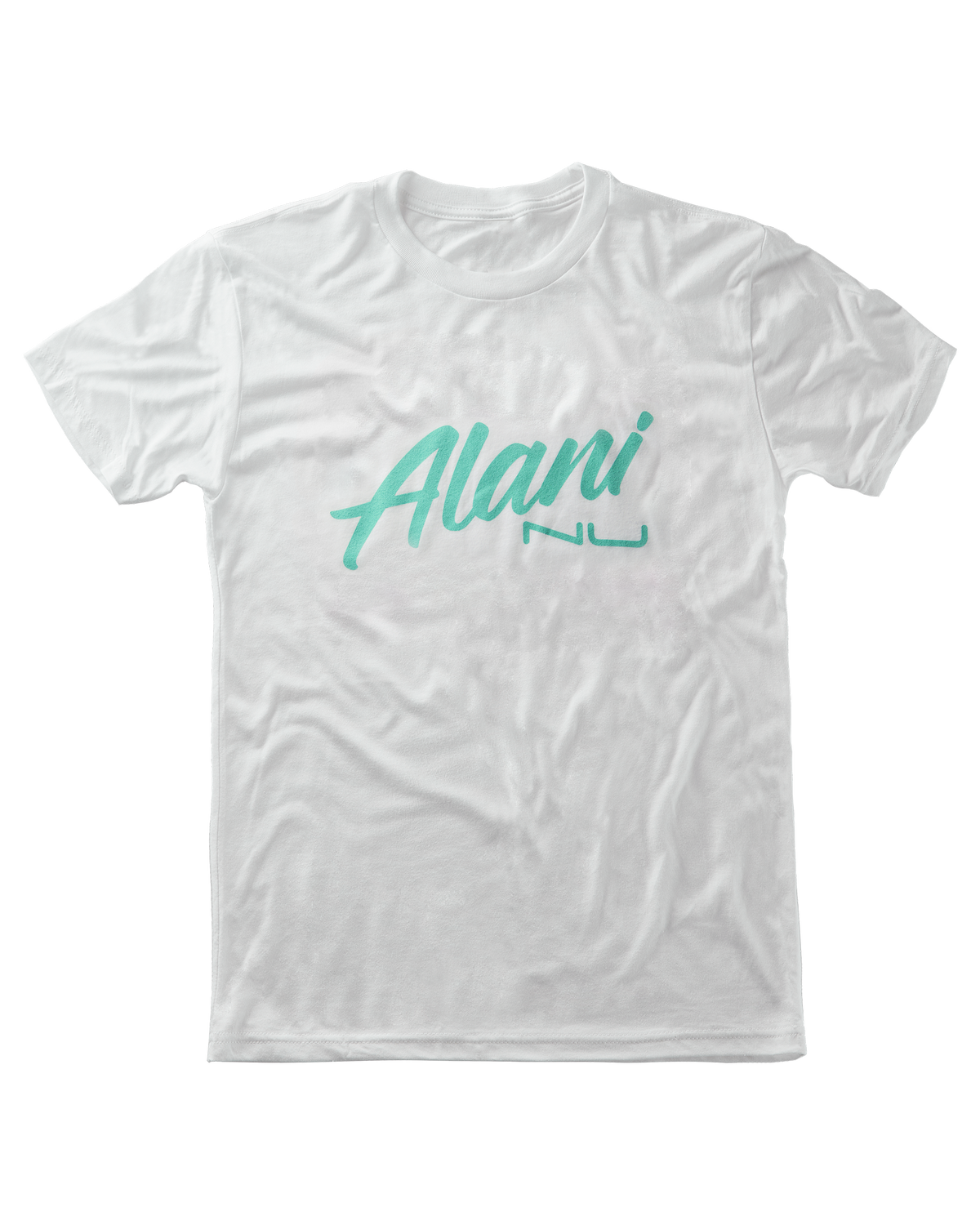 A Seafoam On White T-Shirt with the word Alani Nu in green.